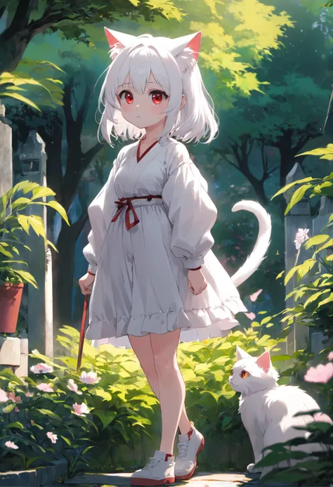 White-haired cat-eared girl standing in the garden，red eyes，adolable，Soft cute，Dumb cute。