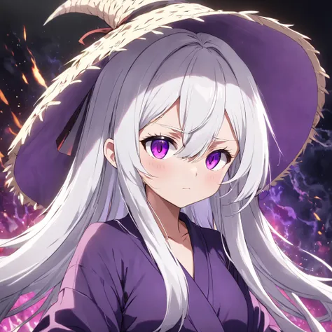 White hair，Purple robe，Purple pupils，Straw Hat Hat，Dark background,，Tsundere，anime big breast