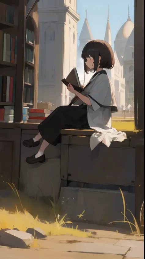 ​masterpiece, top-quality, 1girl in, The upper part of the body, sitting on, sweeping bangs, shorth hair, , A dark-haired, doress, frilld, plein air,bookstore