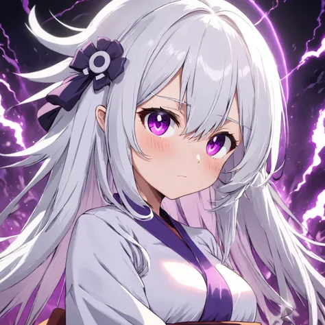 White hair，Purple robe，Purple pupils，Straw Hat Hat，Dark background,，Tsundere-sama，anime big breast