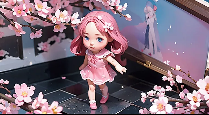 photoRealstic、Doll standing in front of the painting、bionde、Crying face、Tears on the cheeks、closing eye、Sengai、pixiv、rokoko、dollfie dream、watercolor Nendoroid、(High Definition Figure)、flowing sakura-colored silk、nendroid、bustup、Cherry blossom petals、Flowin...