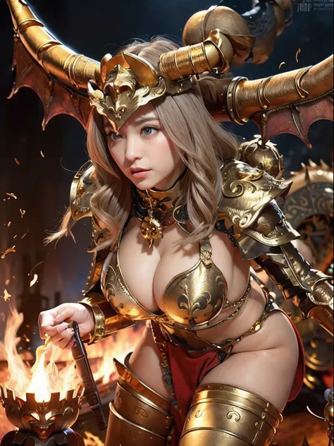 Professional , ​masterpiece、top-quality、photos realistic , depth of fields 、（Dragon Black Metal Body:1.９),(Mattretto、（cleavage of the breast）、Dragon Gold Weapon、（Micro Bikini Armor:1.４),Gorgeous gold weapons ,（（ Dragons dense and gorgeous sword）） , （demoni...