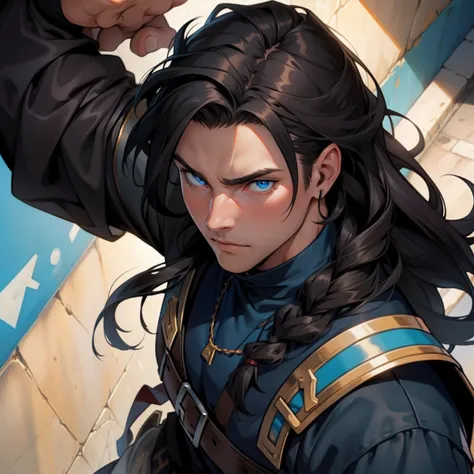 Young boy. Blue Eyes. Dark Hair. Medieval art. Long Hair. Berserker boy