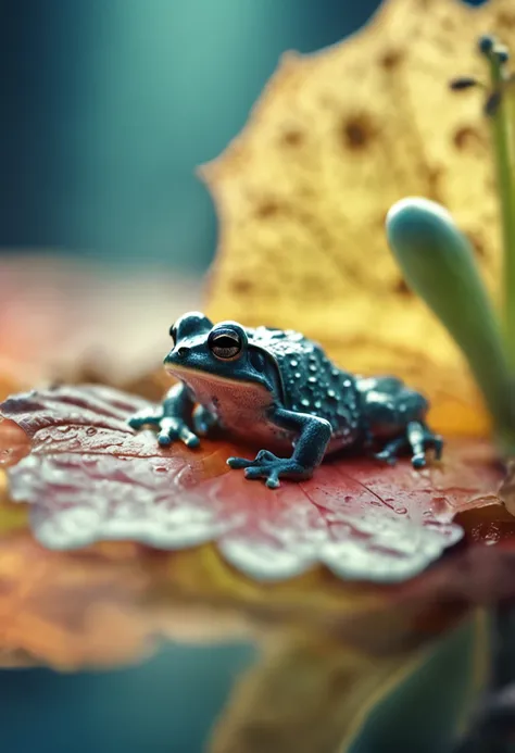 microcosm , Masterpiece , macro photography , cobweb, filmgrain, Bokeh , Smoke , Highly detailed, Sunny Sunny weather, Microflower, The drops, bblurry, Close up of 1 realistic frog sitting on lotus leaves：1.5, Azure background, subdued contrasts, rendering...