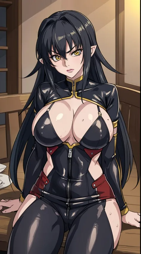 Annerose, 1girl, female mature, sitting on table, spread legs, long hair, black hair, pointy ears, yellow eyes, large breasts, (bodysuit:1.05), higheels, shiny clothes, (skin tight:1.05), hair intakes, (covered :1.1), (covered breasts:1.1), (sideboob:1.05)...