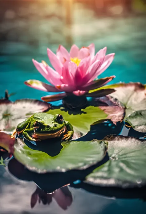 microcosm , Masterpiece , macro photography , cobweb, filmgrain, Bokeh , Smoke , Highly detailed, Sunny Sunny weather, Microflower, The drops, bblurry, （1 realistic frog sitting on a lotus leaf，Looking at 1 swan next to it）， Azure background, subdued contr...