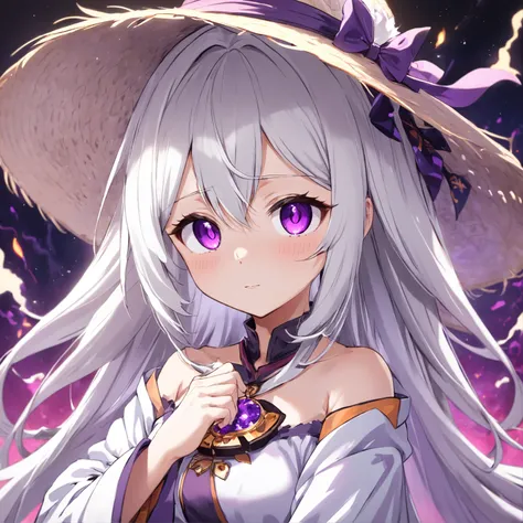 White hair，Purple robe，White pupils，Straw Hat Hat，Dark background,，Tsundere Girl，anime big breast，Purple gemstone necklace