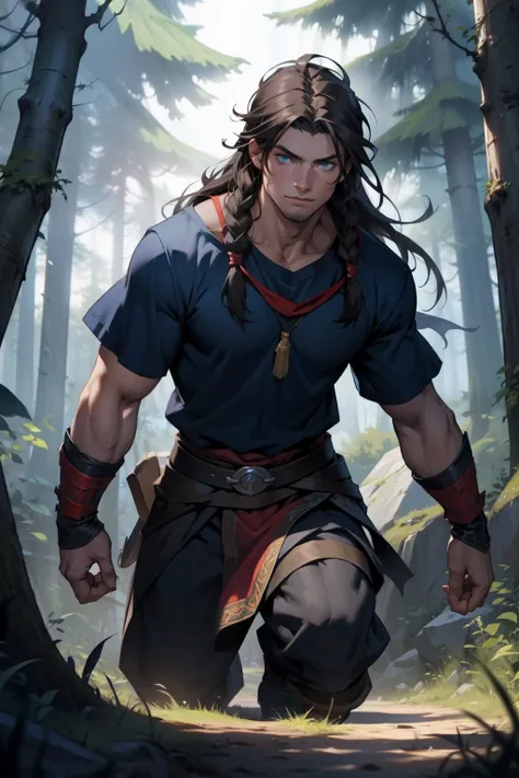 Berserker Boy. Viking Boy. Blue Eyes. Dark Hair. Medieval art. Long Hair. no tshirt. in the forest