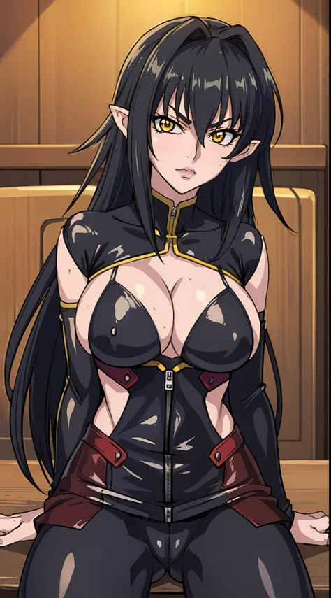 Annerose, 1girl, female mature, sitting on table, spread legs, long hair, black hair, pointy ears, yellow eyes, large breasts, (bodysuit:1.05), higheels, shiny clothes, (skin tight:1.05), hair intakes, (covered :1.1), (covered breasts:1.1), (sideboob:1.05)...