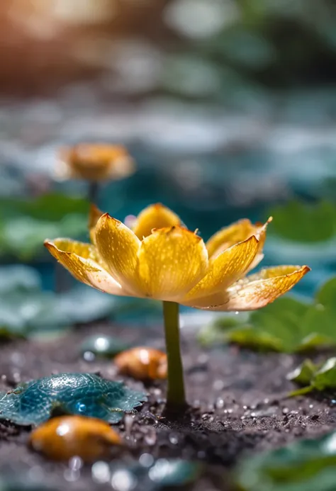 microcosm , Masterpiece , macro photography , cobweb, filmgrain, Bokeh , Smoke , Highly detailed, Sunny Sunny weather, Microflower, The drops, bblurry, （1 realistic toad sitting on a lotus leaf，Looking at 1 swan next to it：1.5）， Azure background, subdued c...