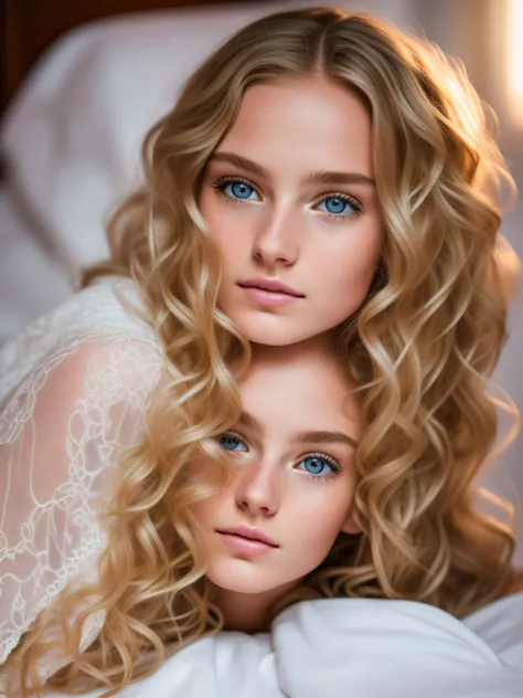 Photo of a 20-year-old European girl, raw, Beautiful woman, (Extra long wavy blonde hair), ((Portrait)), ((Detailed face:1.2)), ((detailed facial features)), (finely detailed skin), pale skin, , wrapped in a sheet, Bedroom environment, Sitting on the bed, ...