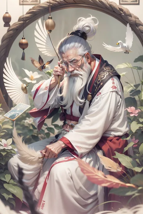 The beard flutters，An old man in a Taoist robe，Be kind，The hair is white，Holding a feather fan