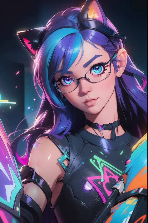 a close up of a person with a cat ear and glasses, rossdraws cartoon vibrant, portrait of jinx from arcane, rossdraws 2. 0, rossdraws 1. 0, rossdraws pastel vibrant, anime style 4 k, lois van baarle and rossdraws, artgerm and atey ghailan, artgerm and ross...