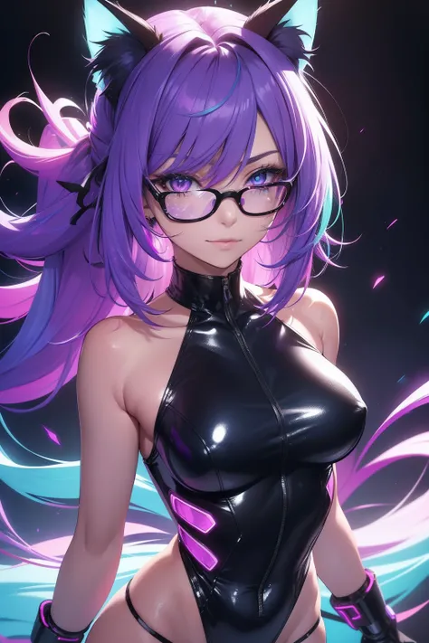 happy, smile, depth of field, (Cat ears), photo realistic, Rainbow color effect, ((cybernetic enhancements)), (glasses), pastel, collarbone, side cut, looking at viewer, hips visible, blurry background, neon, freckles, (best quality), (high resolution), (s...