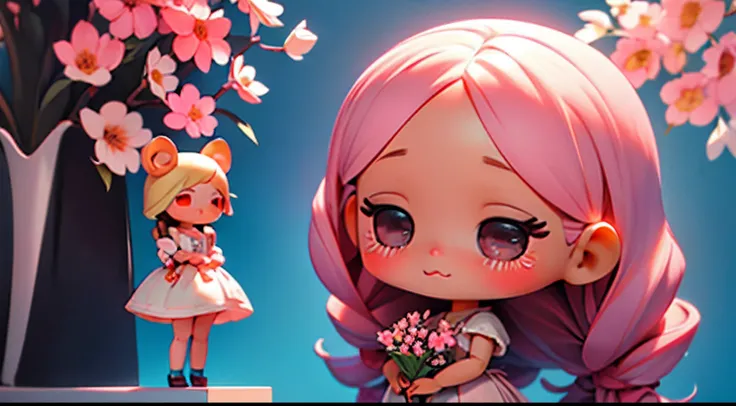 photoRealstic、Doll standing in front of the painting、bionde、Face crying while laughing、Tears on the cheeks、closing eye、Sengai、pixiv、rokoko、dollfie dream、watercolor Nendoroid、(High Definition Figure)、flowing sakura-colored silk、nendroid、bustup、Cherry blosso...