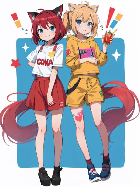 anime characters with cat ears and red hair standing next to each other, Cushart Kenz, Belo estilo de arte, Nice anime style, em estilo anime, arte anime de alta qualidade, duas lindas garotas de anime, Estilo anime 4K, illustration Anime style, Estilo de ...