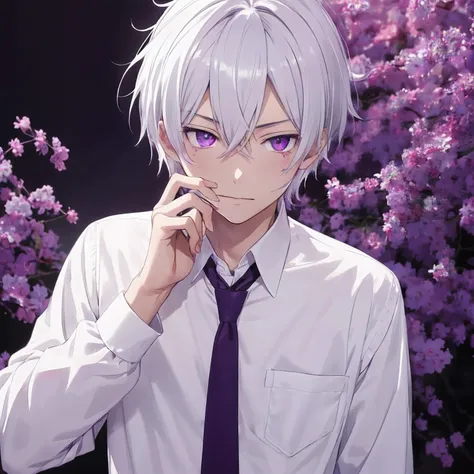 masutepiece, Best Quality, High quality, 1boy, Solo, Male Focus, Looking at Viewer, Upper body, klara_Eishi,White hair,Purple eyes,Burn marks on the face,High school students,youth,white  shirt,twinks