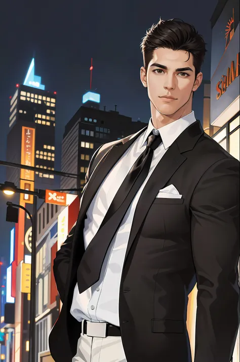 (absurdres, highres, ultra detailed, realistic, ), 1 male, solo, adult, mature, tall muscular guy, broad shoulders, handsome, very short hair, black hair, brown eyes, angular jaw, thick neck, thick eyebrows, night, dark, the night view of the city backgrou...