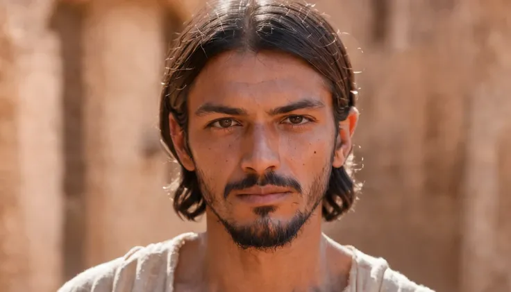 Image of a man with short hair without a beard in a peasant village in the desert, com uma vila antiga atraz dele, portrait of bedouin d&d,camponê, bonito cabelos curtus, impressionante realista, pintura detalhada 4K, rosto de jesus, handsome prince of per...