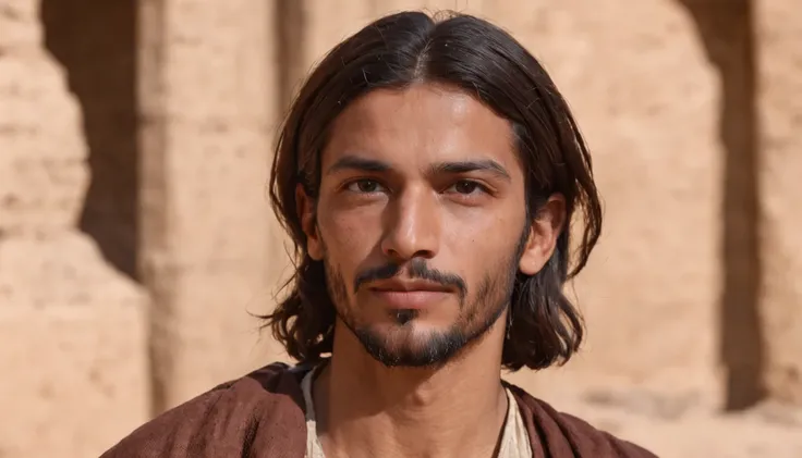 Image of a man with short hair without a beard in a peasant village in the desert, com uma vila antiga atraz dele, portrait of bedouin d&d,camponê, bonito cabelos curtus, impressionante realista, pintura detalhada 4K, rosto de jesus, handsome prince of per...