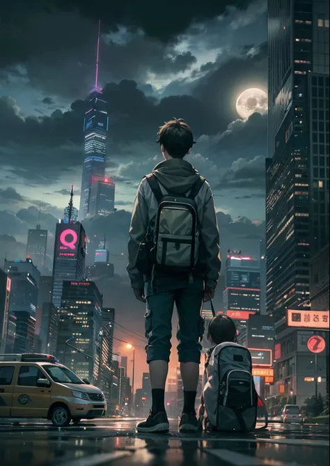 1boy, arms folded、vests、full body shot of、The beginning of the adventure、Very dark sky、Lots of clouds,dense fog、large moon,future、dystopian、A group of very tall skyscrapers stands in the center、High brightness radio tower、Crowded skyscrapers、Signs、the stre...