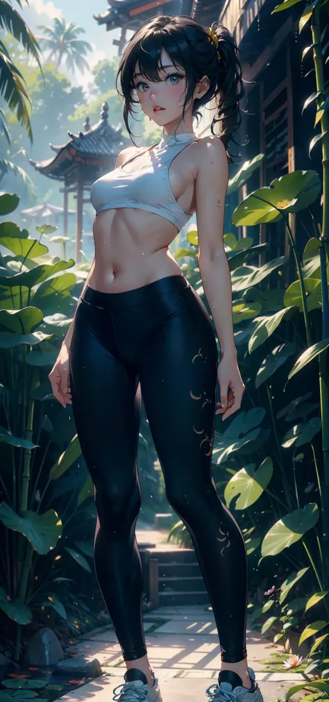 1female，Small loli，Small breasts，独奏，（Background with：bamboo forrest，lotuses，lotus flower，exteriors，Lotus pond） She has short black hair，standing on your feet，Sweat profusely，drenched all over the body，seen from the front， hair straight， mostly cloudy sky，（...