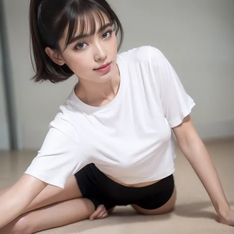 8K，Woman in T-shirt，Model figure，Height 1.8 meters，Tall，Side-split bangs，Barefoot，Eye makeup，perfect bodies，Amazing