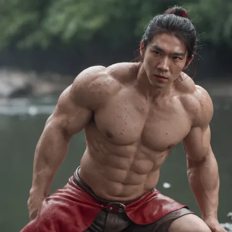 Super muscular cute asian man wearing red thong in the middle of the lake (professional 3d render:1.3) af (Realistic:1.3) The most beautiful artistic photo in the world，Soft function, Bright male hero, ((Epic hero fantasy rough muscular man wet hero angry ...