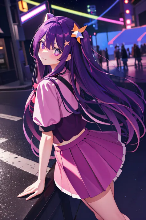 4K，teens girl，delicated face，Long purple hair，a purple eye，star-shaped bule pupils，Blush，Short pink skirt，stocklings，high-heels，full bodyesbian，On the street，Leaning over slightly，The edges are illuminated