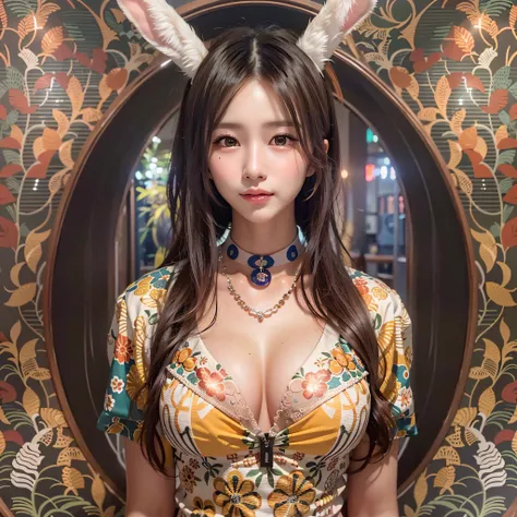 (Background, symmetrical, Compositions with coloful geometric arabesque patterns):1.3, (fullbody:1.3),  (poneyTail, dark brown hair), (top-quality, Photorealsitic:1.4, masterpiece:1.3, RAW Photography:1.2, cinematric light, very detailed illustration), (1w...