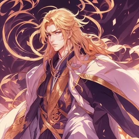 golden hair，high and cold，The gaze is cold，God Ring，Shrouded in brilliance，Sacred clothes，God of fate，style of anime，God of truth，Anime male protagonist