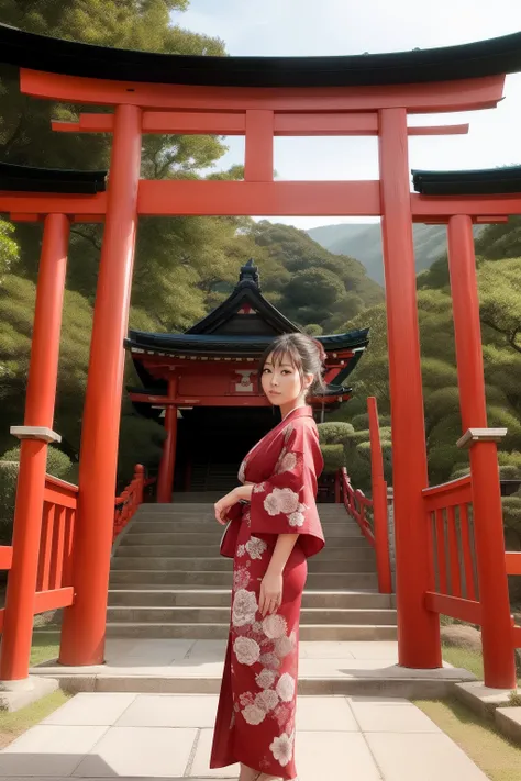 ​masterpiece、hight resolution、one beautiful women、cabelos preto e longos、red kimono、Stand in front of the torii gate