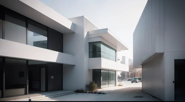 White detached building，Aaltos architectural style，The overall atmosphere of cyberpunk，The overall design of the building is stylish、Modern and vibrant look，It has clean lines and smooth forms，stunning detailed，Photo cinematic effect，Photo glow，dingdall ef...