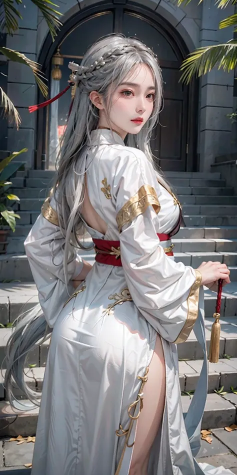 photorealistic, high resolution, soft light,1women, solo, hips up, shinning skin, (detailed face), jewelry, hanfu, kungfu style, white hair, back view