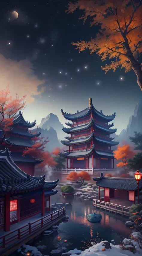 Surreal CG rendering ancient China，Jiangnan ancient buildings and ancient towns have Yaolin wonderland。the night，The stars are bright，The smoke is fascinating，Maple and milk leaves are trees。snow landscape。k hd