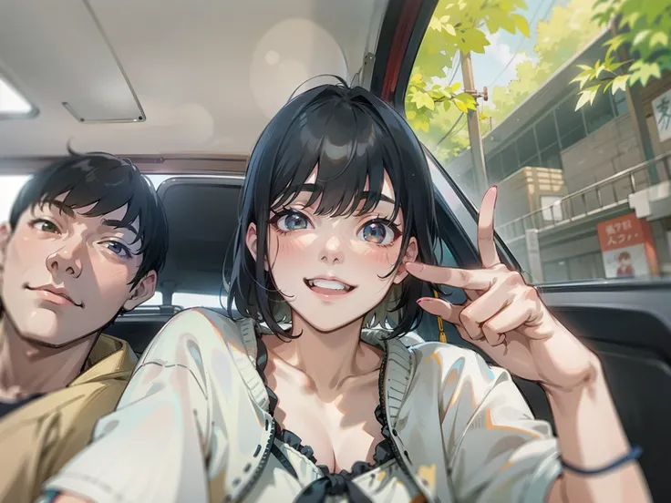 There were two young people sitting in the car.、One is pointing, hime-cut, chiho, shikamimi, She has black hair with bangs, taken with sony alpha 9, sui ishida with black hair, With short hair, very very low quality picture, 8K selfie photo, Shiori Teshiro...