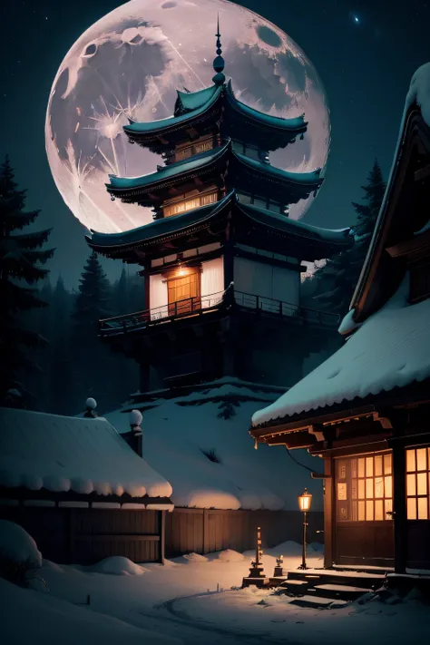 a moon、nighttime scene、shrines、foxes