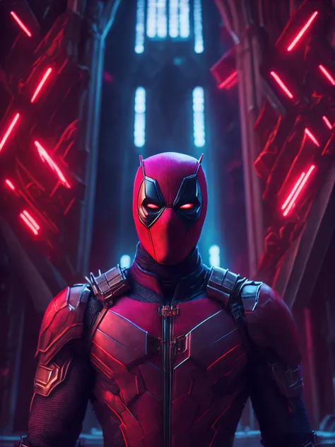 grim portrait of deadpool from marvel with intricate angular cybernetic implants inside a brutalist building, gothic brutalist c...