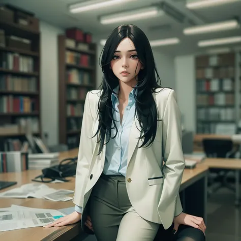 Woman, wearing suits, in a office, looks cool , long black hair