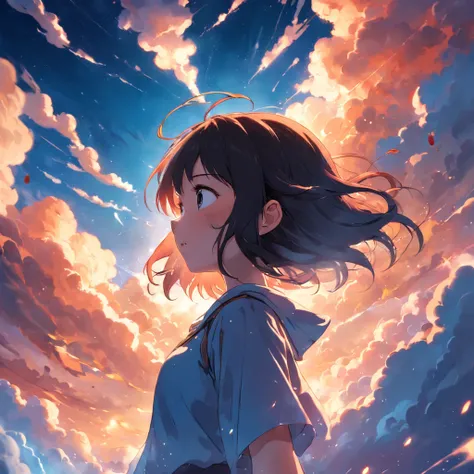 masterpiece, best quality, movie still, 1girl, cloud girl, floating in the sky, close-up, bright, happy, warm soft lighting, sunset, (sparks:0.7)