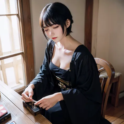 A woman with short hair sits quietly on a stool，He closed his eyes and sorted out the cards on the table，Three black cards in his hand，Dressed in black ancient samurai costume ，Its beautiful ，Mysterious and eerie