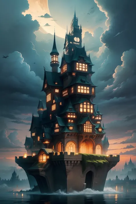 Floating Fortress at Dusk、Cloudy and fantastic atmosphere、Nostalgic、castle in the sky、Buildings like old castles are crowded together、, Cubist Futurism