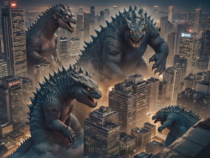 Several Godzillas are destroying the night city, Godzilla are dressed in solemn attire, aerial view, at night, masterpiece, best quality, intricate details