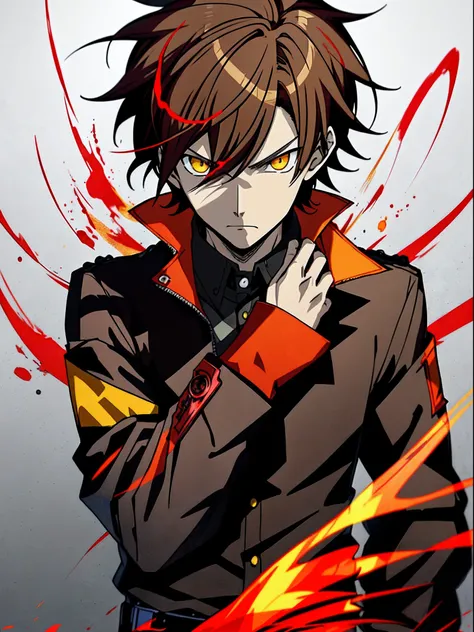 Anime characters with brown hair in black shirt，Red jacket and yellow flame, Badass anime 8 K, Key anime art, shigenori soejima illustration, hajime yatate, male anime character