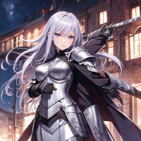 animemanga girl,Animation CG smooth,Purple eye,Silvery hair，Wear vintage armor，Armed with a sword，Stand under the night，Tall