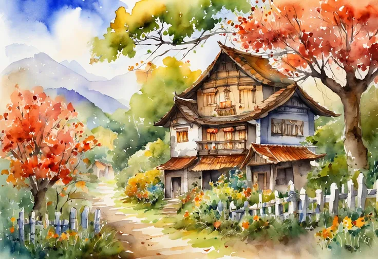 ultra - detailed, 超高分辨率, Mid-autumn village watercolor illustration, lush colors, Splendid scenery, Dreamy atmosphere, light bloom