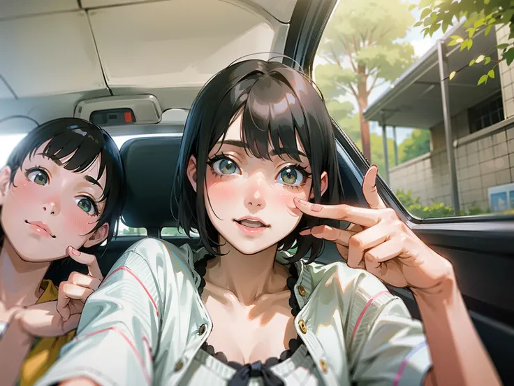 There were two young girls sitting in the car.、One is pointing, hime-cut, chiho, shikamimi, She has black hair with bangs, taken with sony alpha 9, sui ishida with black hair, With short hair, very very low quality picture, 8K selfie photo, Shiori Teshirog...