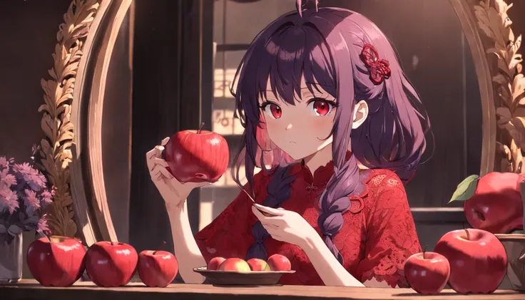 Girl wearing red lace with open chest is eating an apple while looking in the mirror。There are many baskets of apples around。Wooden frame mirror。The girls hair is a gradient of dark purple and red。