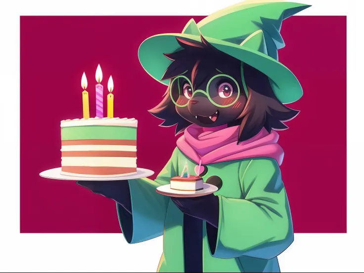 Ralsei from Deltarune, solo, 1boy, holding cake, holding food, cake, happy birthday, headphones, pink headphones, pink horns, blush, fangs, pink hoodie