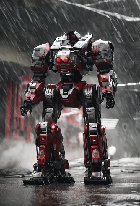 Heavy mech， intricate motifs， heavy metal， Energy lines， Faceless， glowing light eyes， Domineering， vehement， blood red and black uniform， 独奏， modern day， 城市， the street， dark cloude， thunderstorm， very heavy rain， Dramatic lighting， （tmasterpiece：1.2），bes...